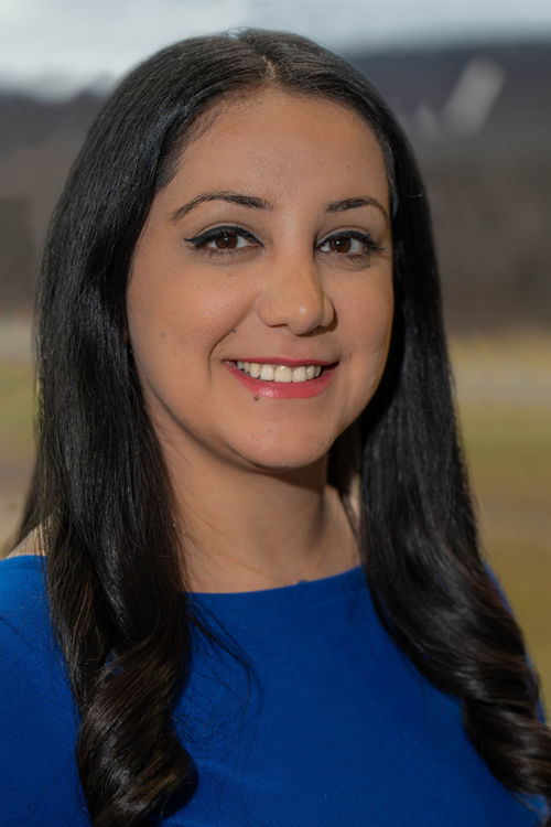 Woman with long dark brown hair,wearing a bright blue top smiles at the camera.